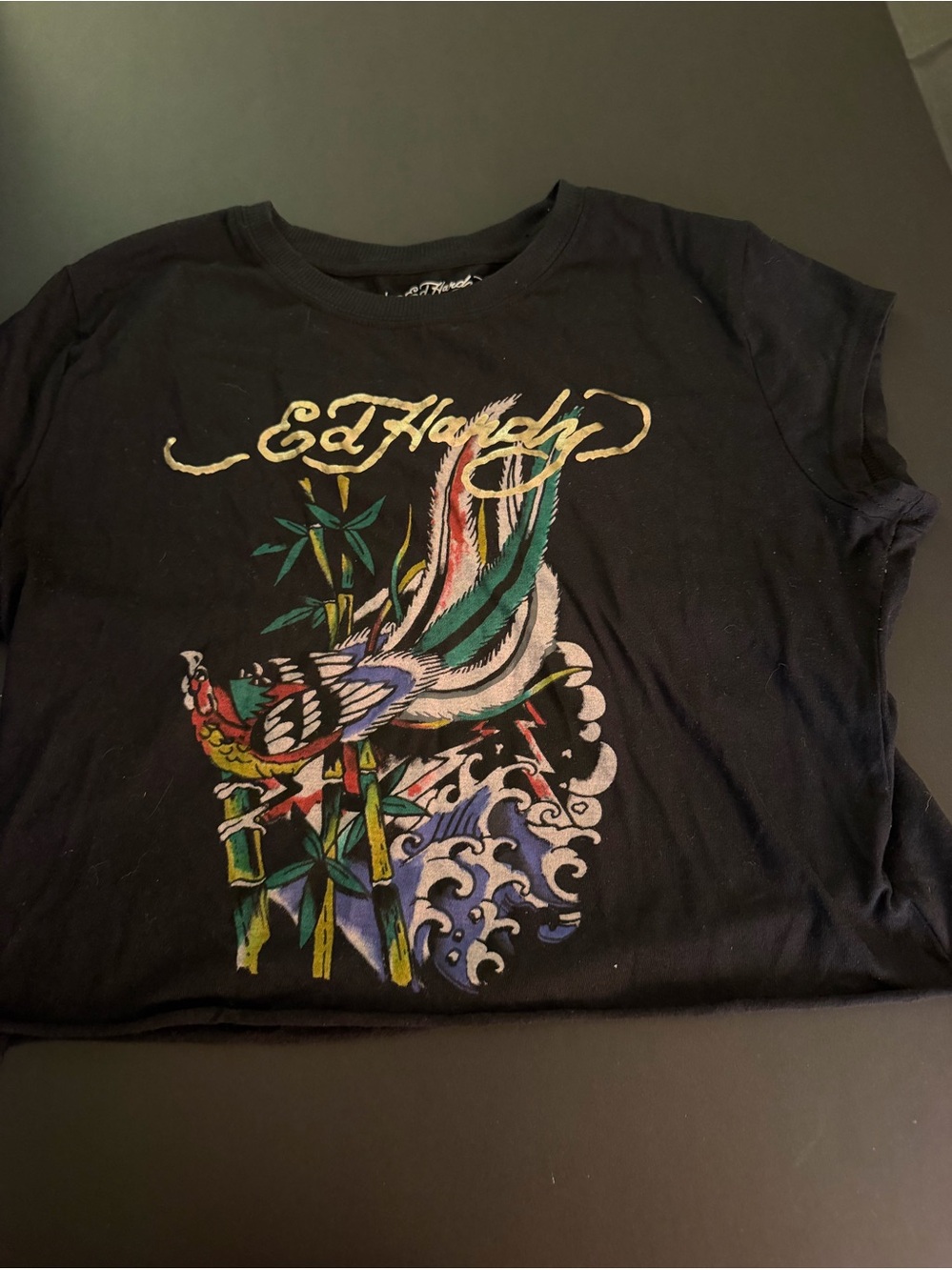 Ed Hardy Black Cropped Tee with Peacock Womens XL